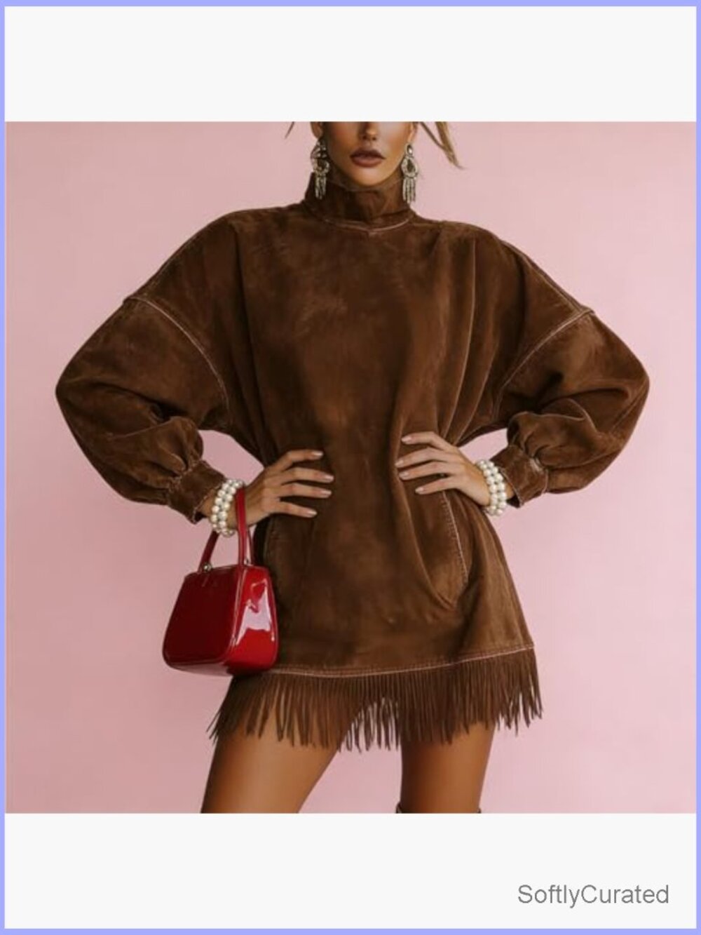 Faux Suede Fringe Mockneck Mini Dress Long Sleeve Loose Fit with Pockets - Picture 2 of 7